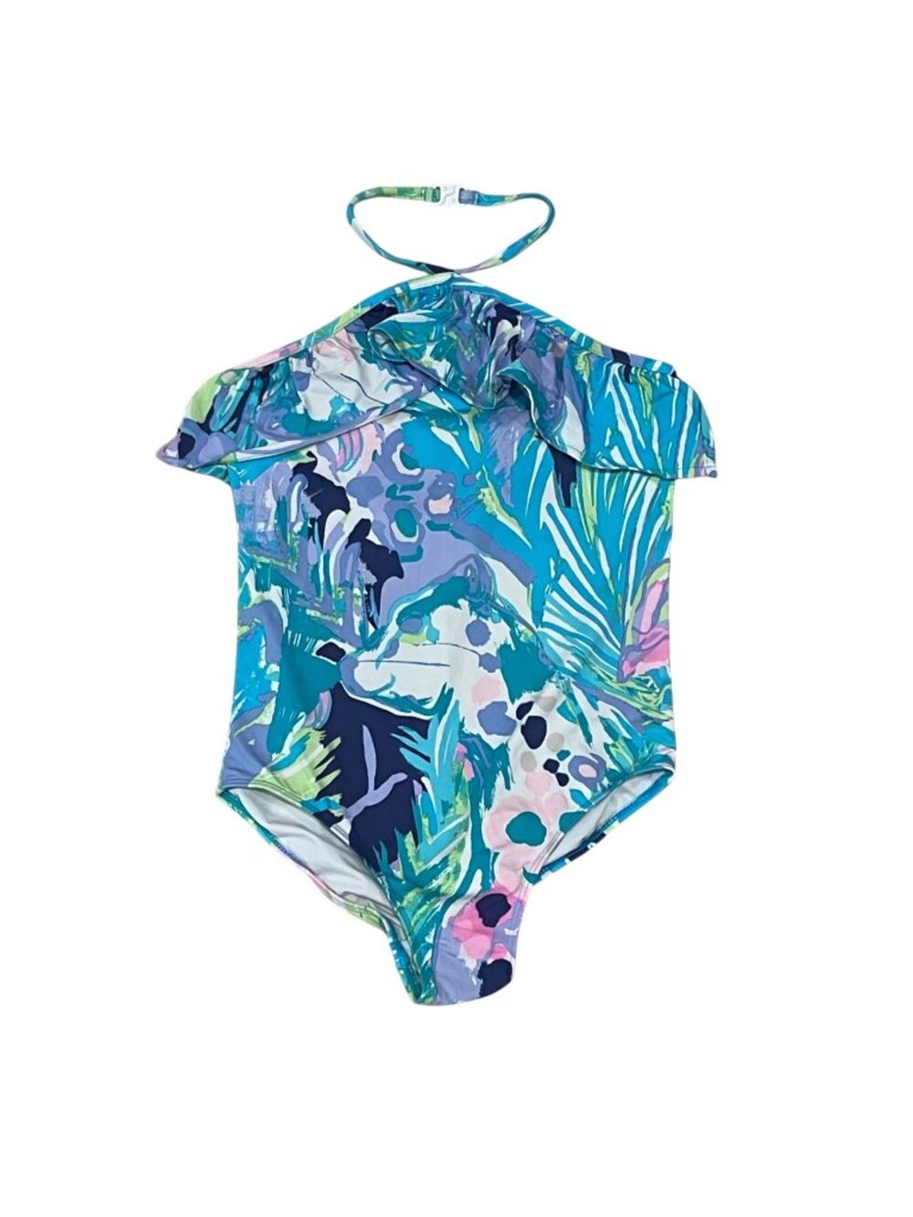 Lilly Pulitzer One Piece Swimsuit Girls Size 8 Colorful Leaf Print Halter Clasp
